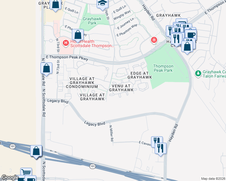 map of restaurants, bars, coffee shops, grocery stores, and more near 19777 North 76th Street in Scottsdale