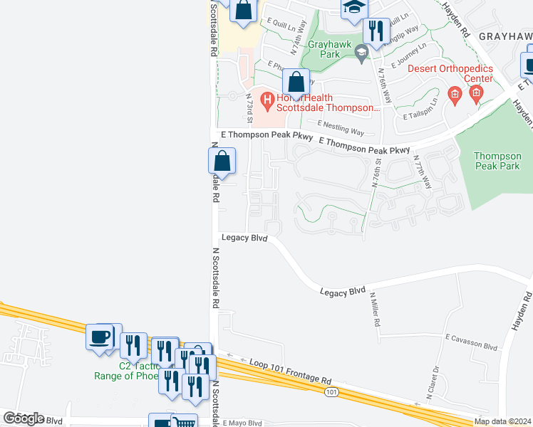 map of restaurants, bars, coffee shops, grocery stores, and more near 7340 East Legacy Lane in Scottsdale