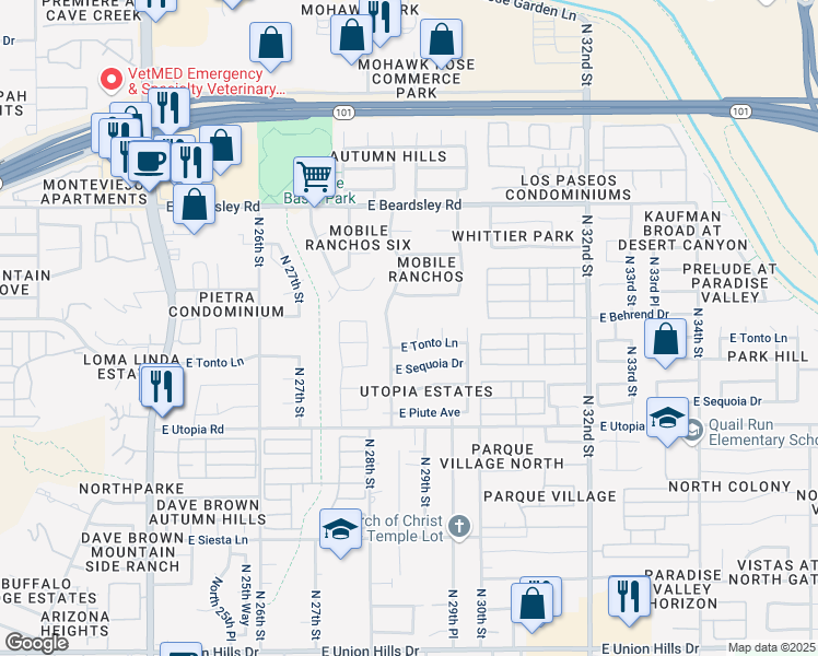 map of restaurants, bars, coffee shops, grocery stores, and more near 19653 North 29th Place in Phoenix
