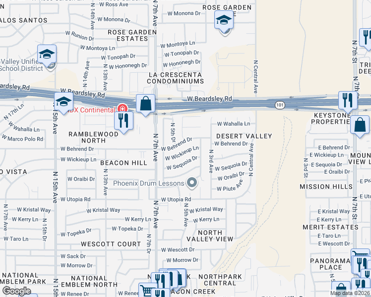 map of restaurants, bars, coffee shops, grocery stores, and more near 407 West Behrend Drive in Phoenix