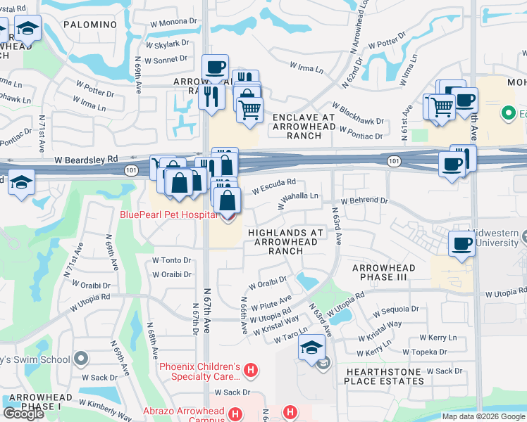 map of restaurants, bars, coffee shops, grocery stores, and more near 6498 West Wahalla Lane in Glendale