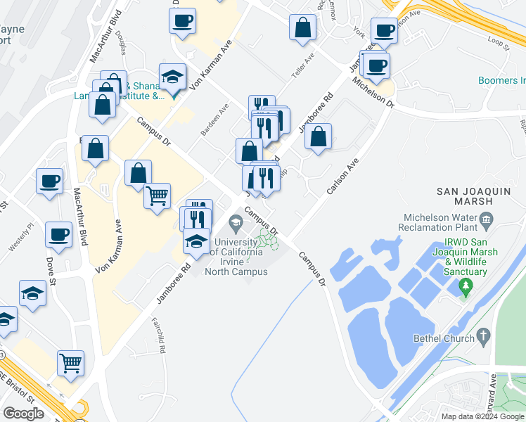 map of restaurants, bars, coffee shops, grocery stores, and more near 19 Campus Drive in Irvine