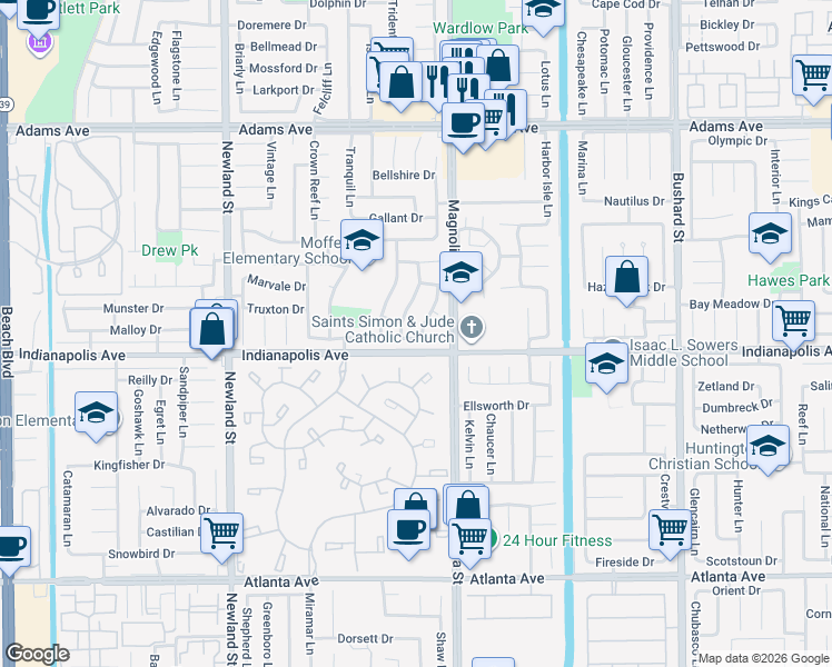 map of restaurants, bars, coffee shops, grocery stores, and more near 20372 Densmore Lane in Huntington Beach