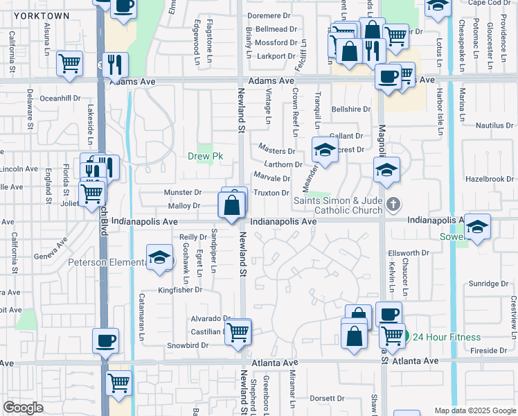 map of restaurants, bars, coffee shops, grocery stores, and more near 20401 Allport Lane in Huntington Beach