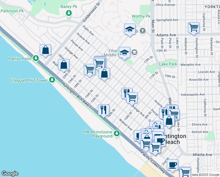 map of restaurants, bars, coffee shops, grocery stores, and more near 1414 Orange Avenue in Huntington Beach