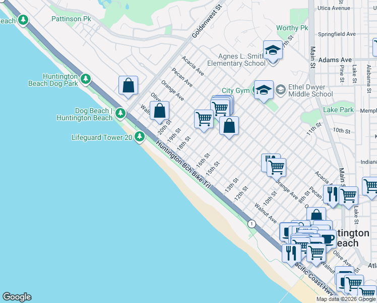 map of restaurants, bars, coffee shops, grocery stores, and more near 120 18th Street in Huntington Beach