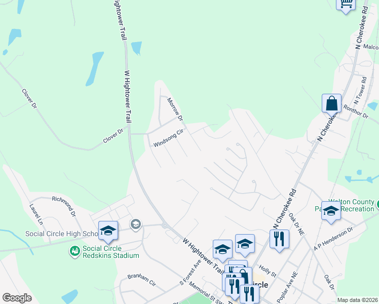 map of restaurants, bars, coffee shops, grocery stores, and more near 1249 Morrow Drive in Social Circle