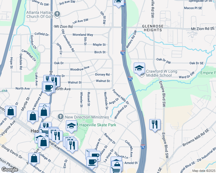 map of restaurants, bars, coffee shops, grocery stores, and more near 407 North Avenue in Hapeville