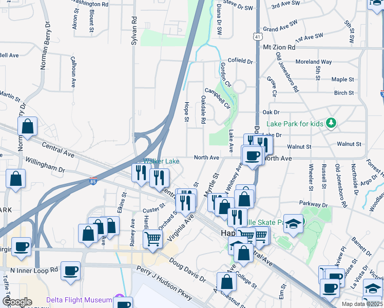 map of restaurants, bars, coffee shops, grocery stores, and more near 3238 Hope Street in Hapeville