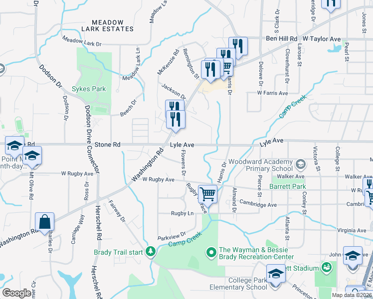 map of restaurants, bars, coffee shops, grocery stores, and more near 3270 Washington Road in Atlanta