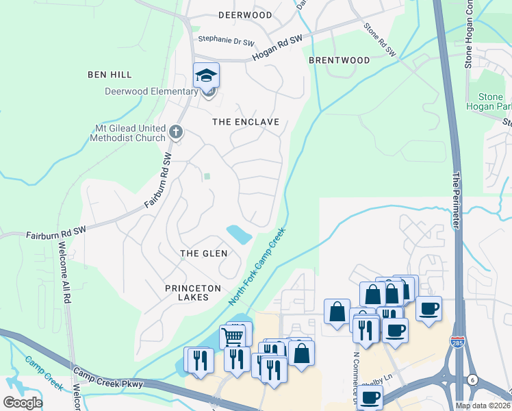 map of restaurants, bars, coffee shops, grocery stores, and more near 3162 Belfour Lane Southwest in Atlanta