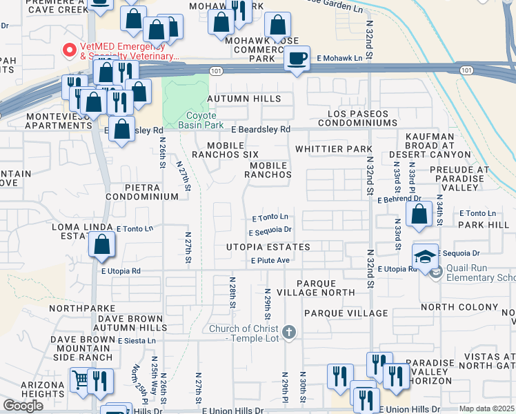 map of restaurants, bars, coffee shops, grocery stores, and more near 19653 North 29th Place in Phoenix