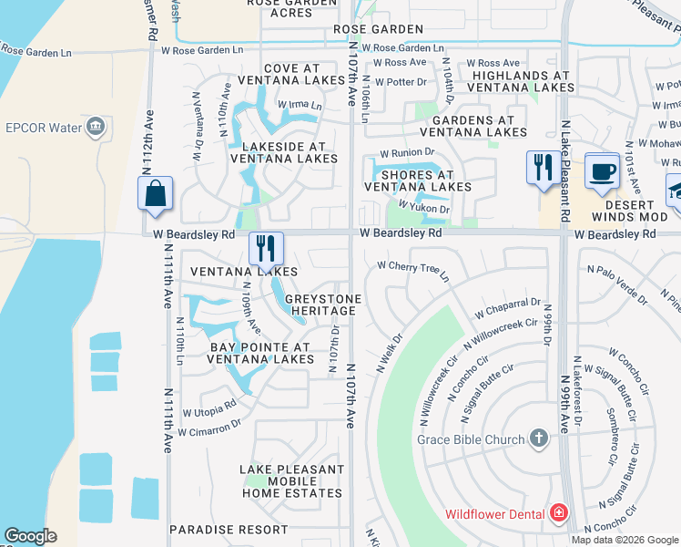 map of restaurants, bars, coffee shops, grocery stores, and more near 10709 West Escuda Drive in Sun City