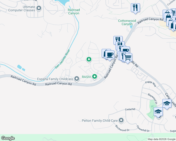 map of restaurants, bars, coffee shops, grocery stores, and more near 24240 Lilac lane in Lake Elsinore