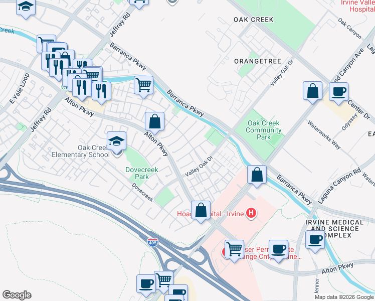 map of restaurants, bars, coffee shops, grocery stores, and more near 30 Preston in Irvine