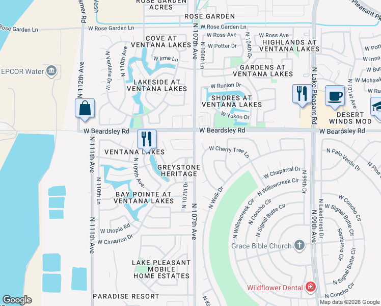 map of restaurants, bars, coffee shops, grocery stores, and more near 10709 West Escuda Drive in Sun City