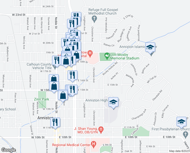 map of restaurants, bars, coffee shops, grocery stores, and more near 1615 Christine Avenue in Anniston