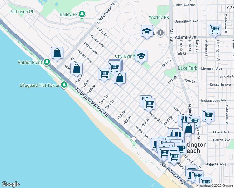 map of restaurants, bars, coffee shops, grocery stores, and more near 307 15th Street in Huntington Beach