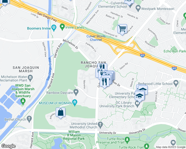 map of restaurants, bars, coffee shops, grocery stores, and more near 104 Navarre in Irvine