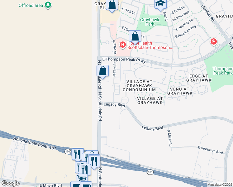 map of restaurants, bars, coffee shops, grocery stores, and more near 7340 East Legacy Lane in Scottsdale