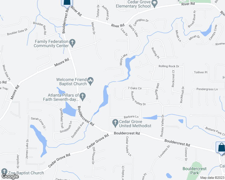 map of restaurants, bars, coffee shops, grocery stores, and more near 2103 Blue Creek Court in Conley