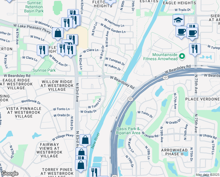 map of restaurants, bars, coffee shops, grocery stores, and more near 20025 North 81st Avenue in Peoria