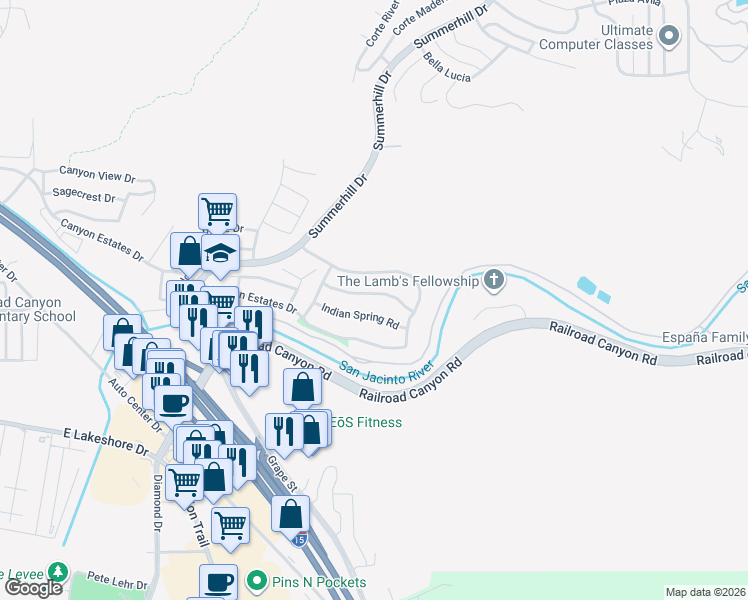 map of restaurants, bars, coffee shops, grocery stores, and more near 31755 Ridgeview Drive in Lake Elsinore
