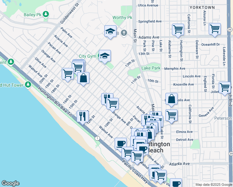 map of restaurants, bars, coffee shops, grocery stores, and more near 520 12th Street in Huntington Beach