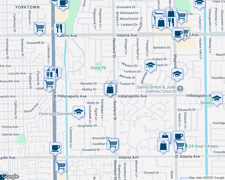 map of restaurants, bars, coffee shops, grocery stores, and more near 20401 Allport Lane in Huntington Beach