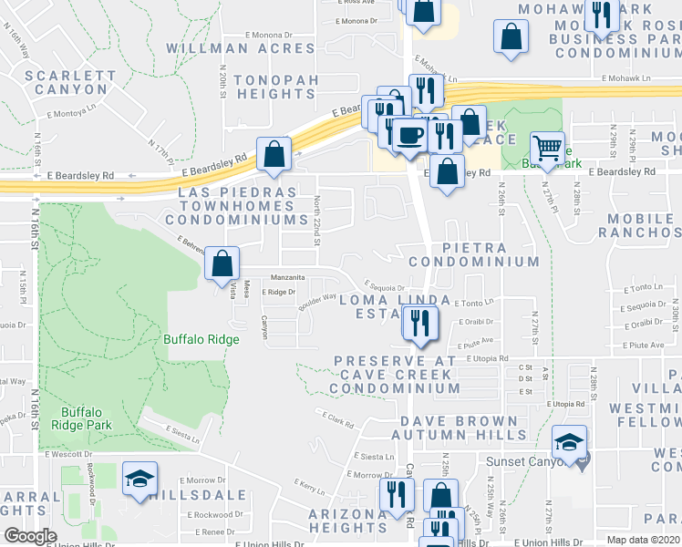map of restaurants, bars, coffee shops, grocery stores, and more near 7501 East Garfield Street in Phoenix