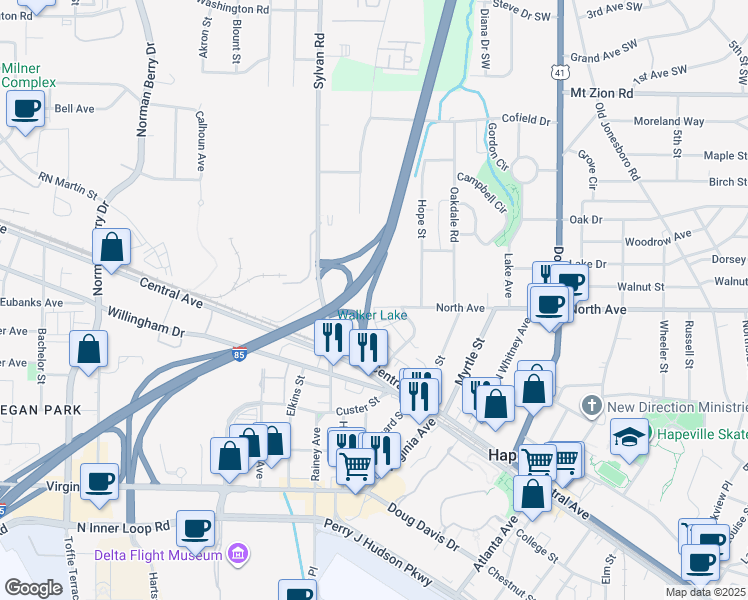 map of restaurants, bars, coffee shops, grocery stores, and more near 831 North Avenue in Hapeville