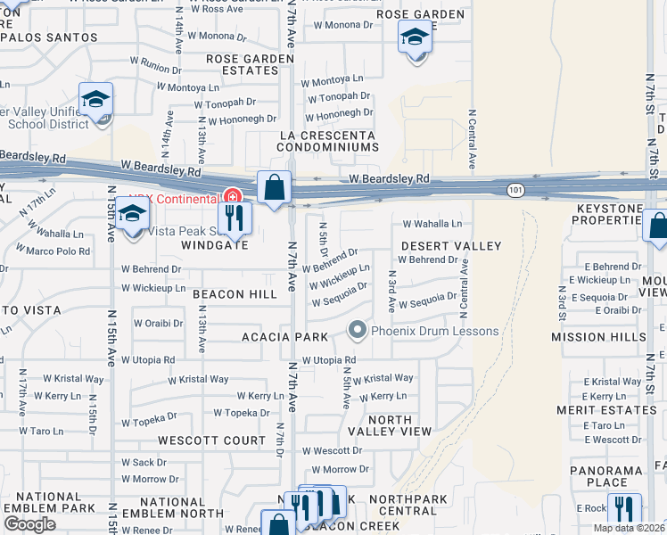 map of restaurants, bars, coffee shops, grocery stores, and more near 19806 North 5th Drive in Phoenix