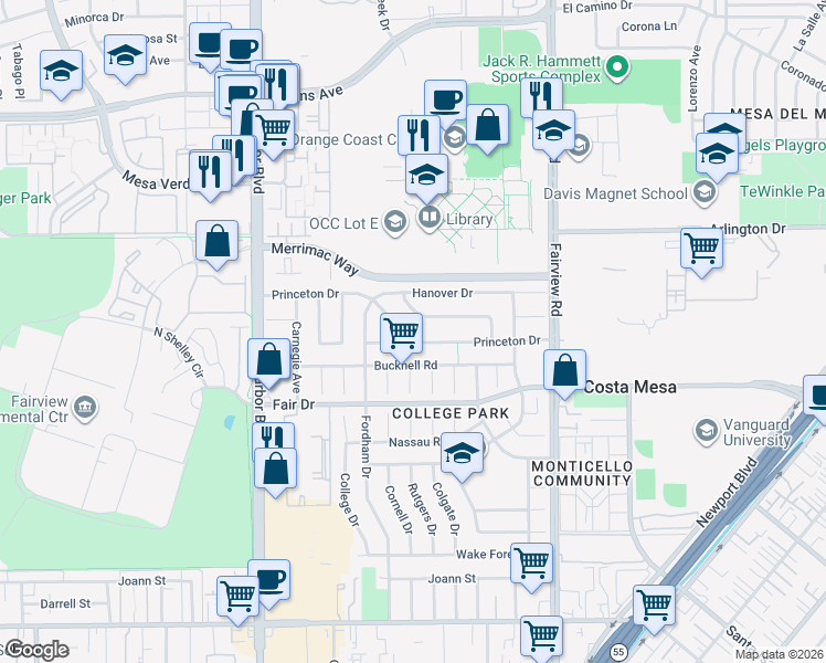 map of restaurants, bars, coffee shops, grocery stores, and more near 326 Princeton Drive in Costa Mesa
