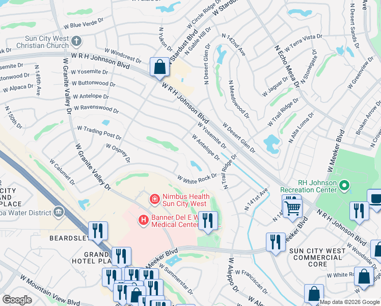 map of restaurants, bars, coffee shops, grocery stores, and more near 14419 West Ravenswood Drive in Sun City West