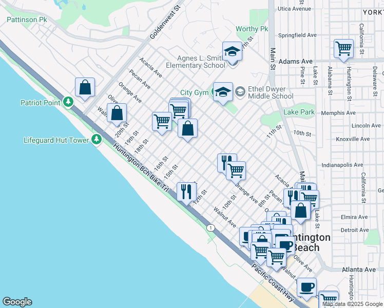 map of restaurants, bars, coffee shops, grocery stores, and more near 320 15th Street in Huntington Beach