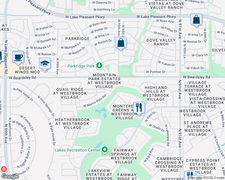 map of restaurants, bars, coffee shops, grocery stores, and more near 20111 North 95th Drive in Peoria