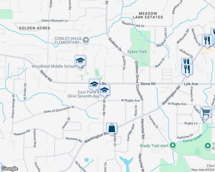 map of restaurants, bars, coffee shops, grocery stores, and more near 2686 Stone Rd in East Point