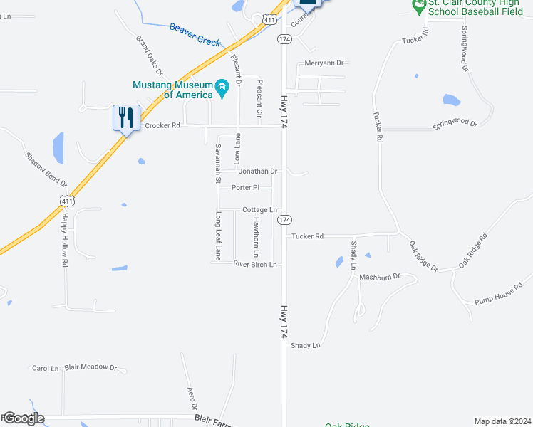 map of restaurants, bars, coffee shops, grocery stores, and more near 65 Cottage Lane in Odenville