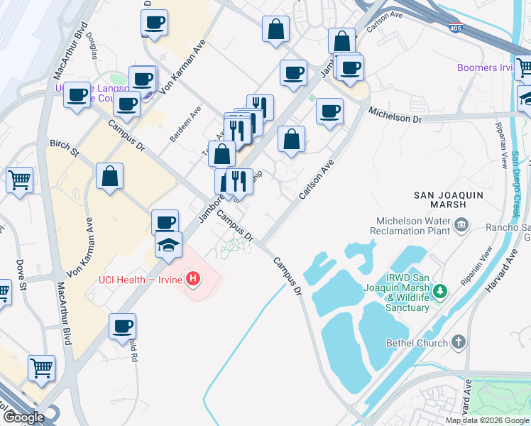 map of restaurants, bars, coffee shops, grocery stores, and more near 3229 Watermarke Place in Irvine