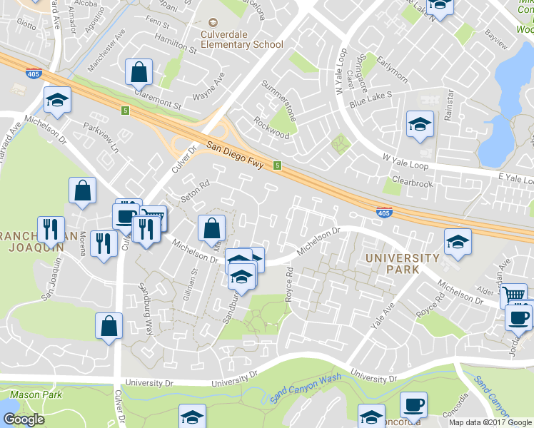 map of restaurants, bars, coffee shops, grocery stores, and more near 7 Satinwood Way in Irvine