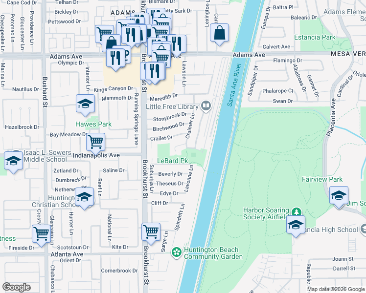map of restaurants, bars, coffee shops, grocery stores, and more near 10168 Lightbreeze Circle in Huntington Beach
