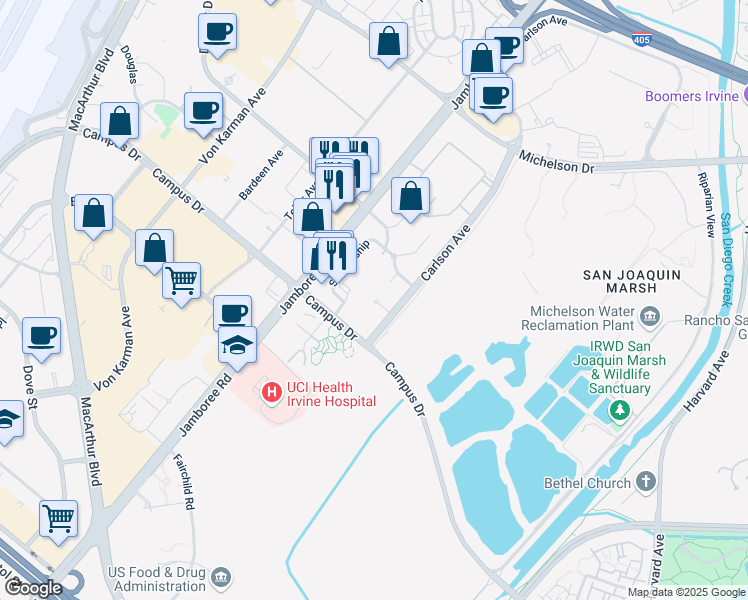 map of restaurants, bars, coffee shops, grocery stores, and more near 3131 Watermarke Place in Irvine