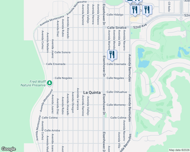 map of restaurants, bars, coffee shops, grocery stores, and more near 52698 Avenue Herrera in La Quinta