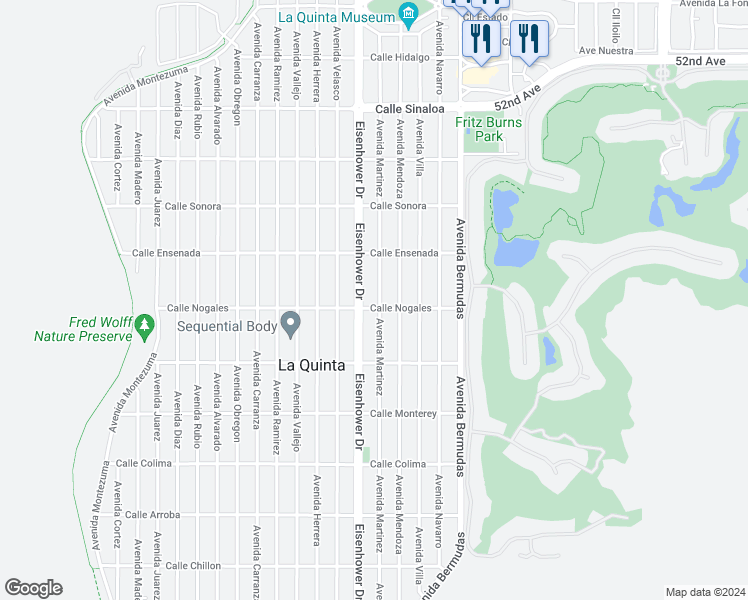 map of restaurants, bars, coffee shops, grocery stores, and more near 52711 Avenue Martinez in La Quinta