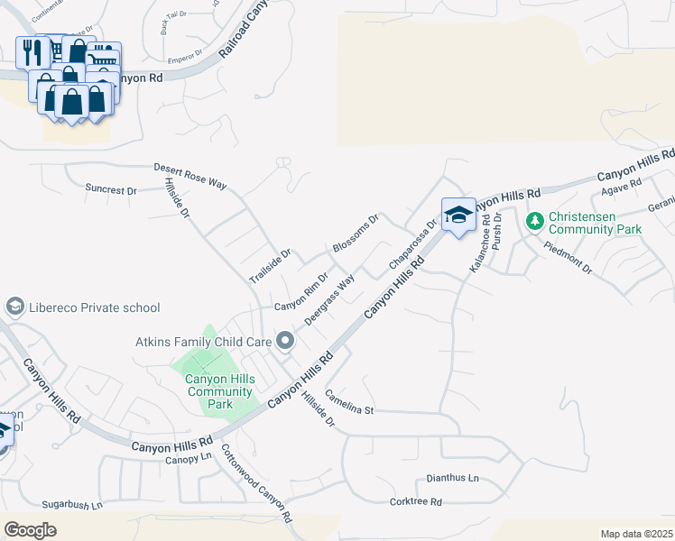 map of restaurants, bars, coffee shops, grocery stores, and more near 34293 Canyon Rim Drive in Lake Elsinore