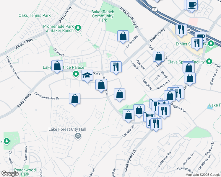 map of restaurants, bars, coffee shops, grocery stores, and more near 26111 Enterprise Way in Lake Forest