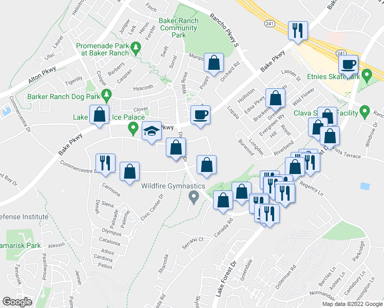 map of restaurants, bars, coffee shops, grocery stores, and more near 26111 Enterprise Way in Lake Forest