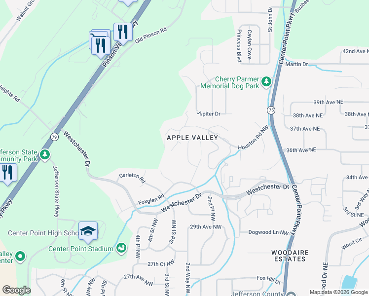 map of restaurants, bars, coffee shops, grocery stores, and more near 3047 Apple Valley Lane in Birmingham