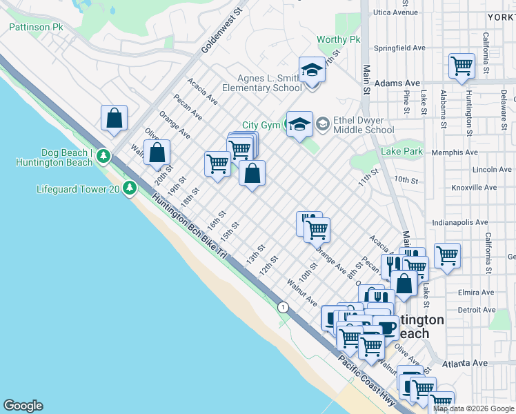 map of restaurants, bars, coffee shops, grocery stores, and more near 320 15th Street in Huntington Beach