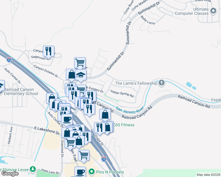 map of restaurants, bars, coffee shops, grocery stores, and more near 22046 Mariposa Drive in Lake Elsinore